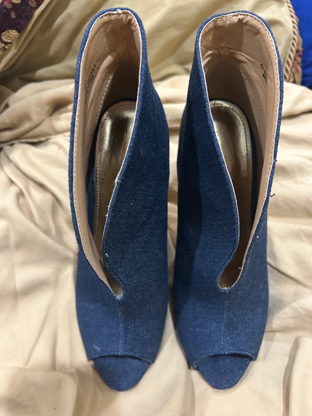 Denim Peep-Toe Heeled Booties - Blue